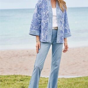 Soft Surroundings jacket Blue White Bead Embellished 3/4 Sleeve small